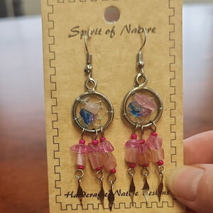 Spirit of Nature Dangle Earrings Dreamcatcher With Pink And Blue Stones